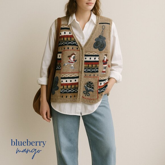 Vintage Holiday Sweater Vest 1X – 80s 90s Y2K Ice Skaters Mittens Winter Seasona - Picture 1 of 8